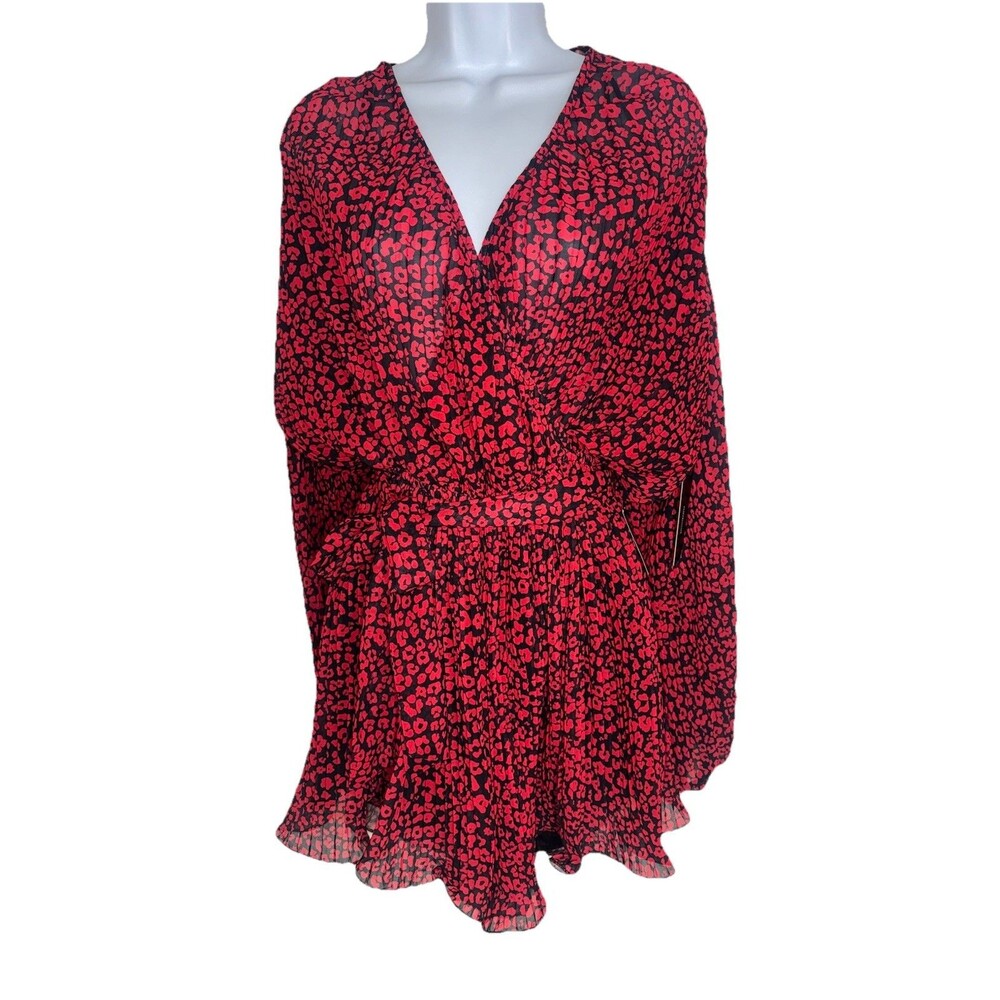 LuLu's Camille Black Red Leopard Print Pleated Romper Long Sleeve Women Medium